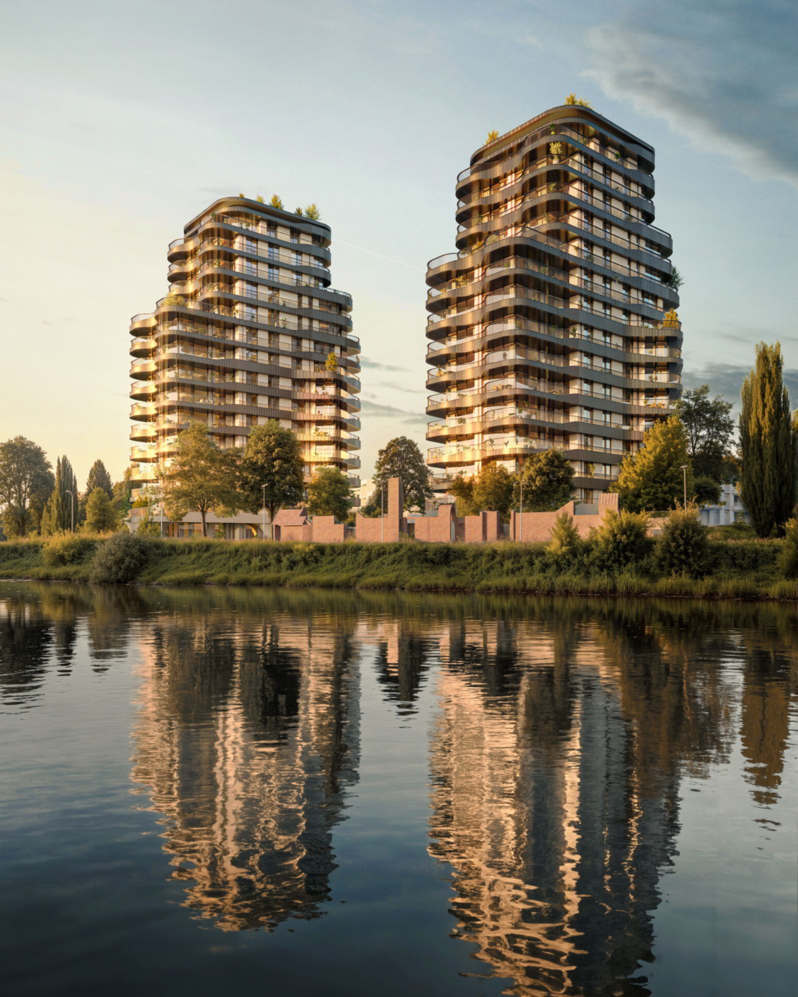 Degroote ever kortrijk torens waterreflectie zonsondergang